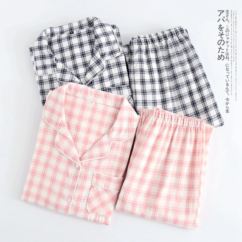 

Double-layer Gauze Cotton Pajamas Women's Long-sleeved Spring Autumn Men's Women's Couples Plaid 2PCS Loose Loungewear Set