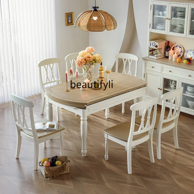 American white dining table retractable folding household variable round table rural retro all solid wood dining table