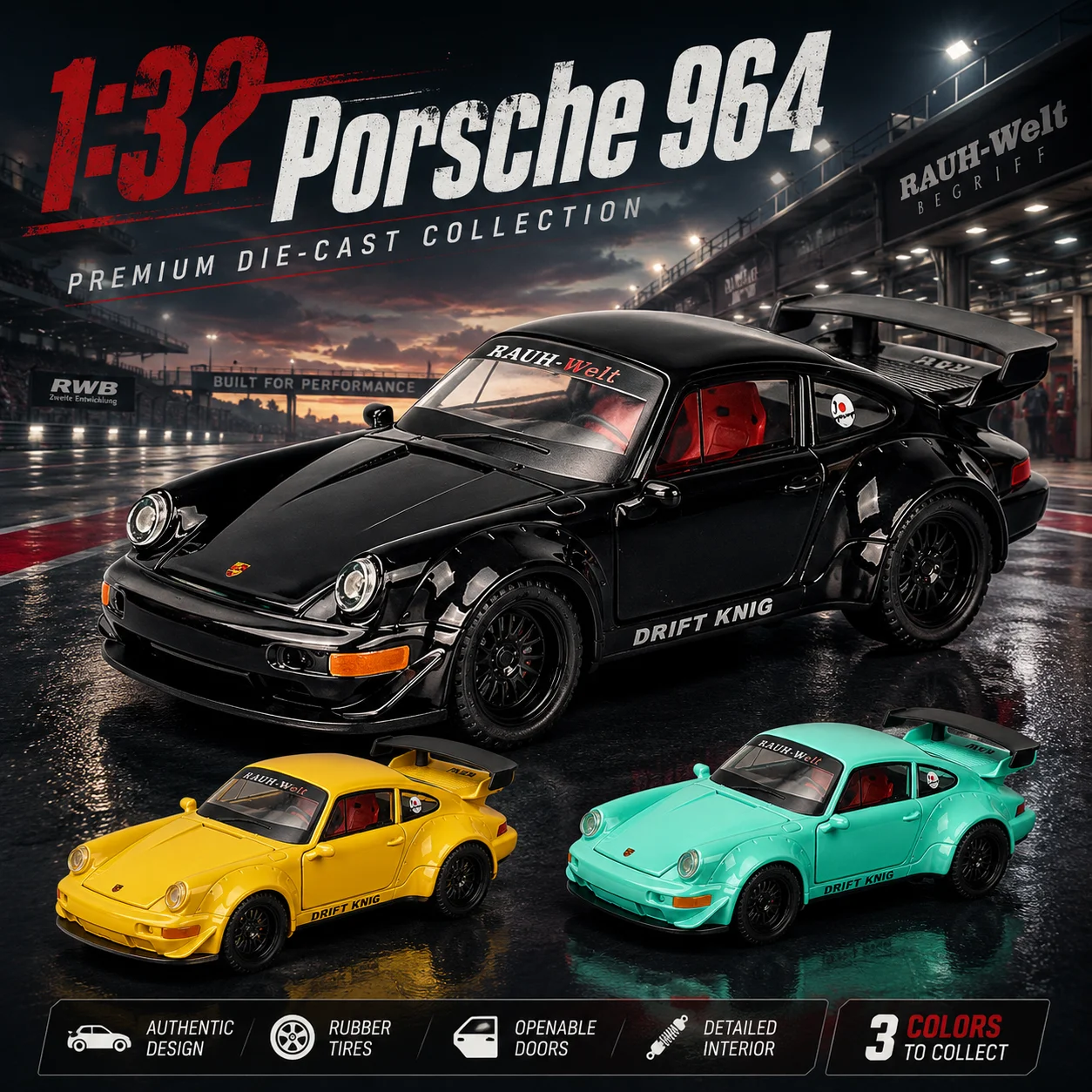 

1/32 Porsche 964 Classical Racing Toy Car Model Diecast Metal Miniature Pull Back Sound & Light Collection Gift For Boyfriend