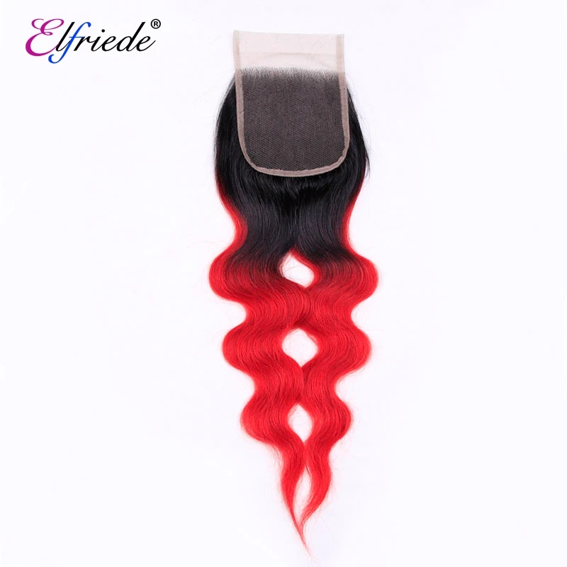 Elfriede #T1B/Red Natural Wave Ombre Colored Hair Bundles with Closure 100% Human Hair Weaves 3 Bundles with Lace Closure 4x4