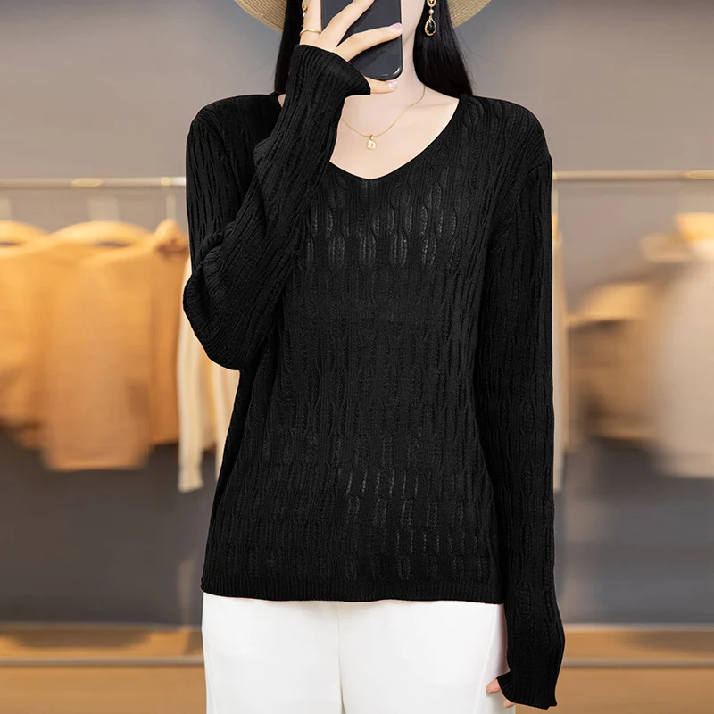 2023 New Temperament elegant Cashmere sweater women thin Spring and Autumn V-neck loose cashmere thin sweater women