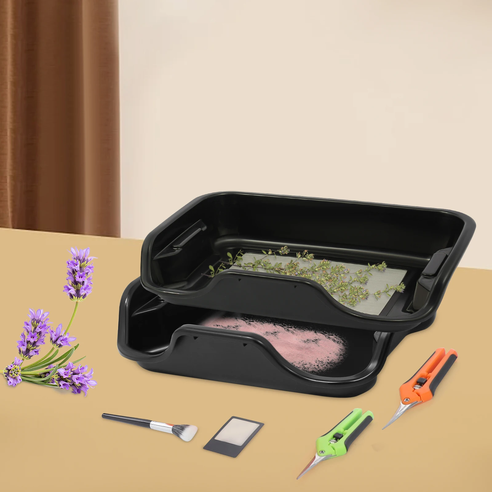 Schwarzes Trimmschalen-Set mit weicher Bürste und Vergrößerungskarte zum Aufbewahren von getrimnten Blumen und zum Sammeln von Pollen – Detail 6