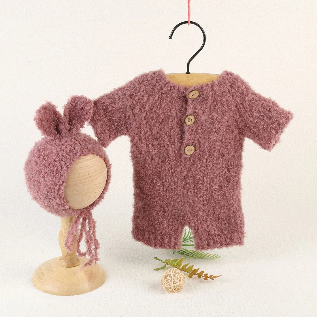 Vintage Knitted Fluffy Rabbit Romper Bonnet Set Newborn Photography Props Baby Outfit Set Infant Teddy Bear Clothes Photo Shoot