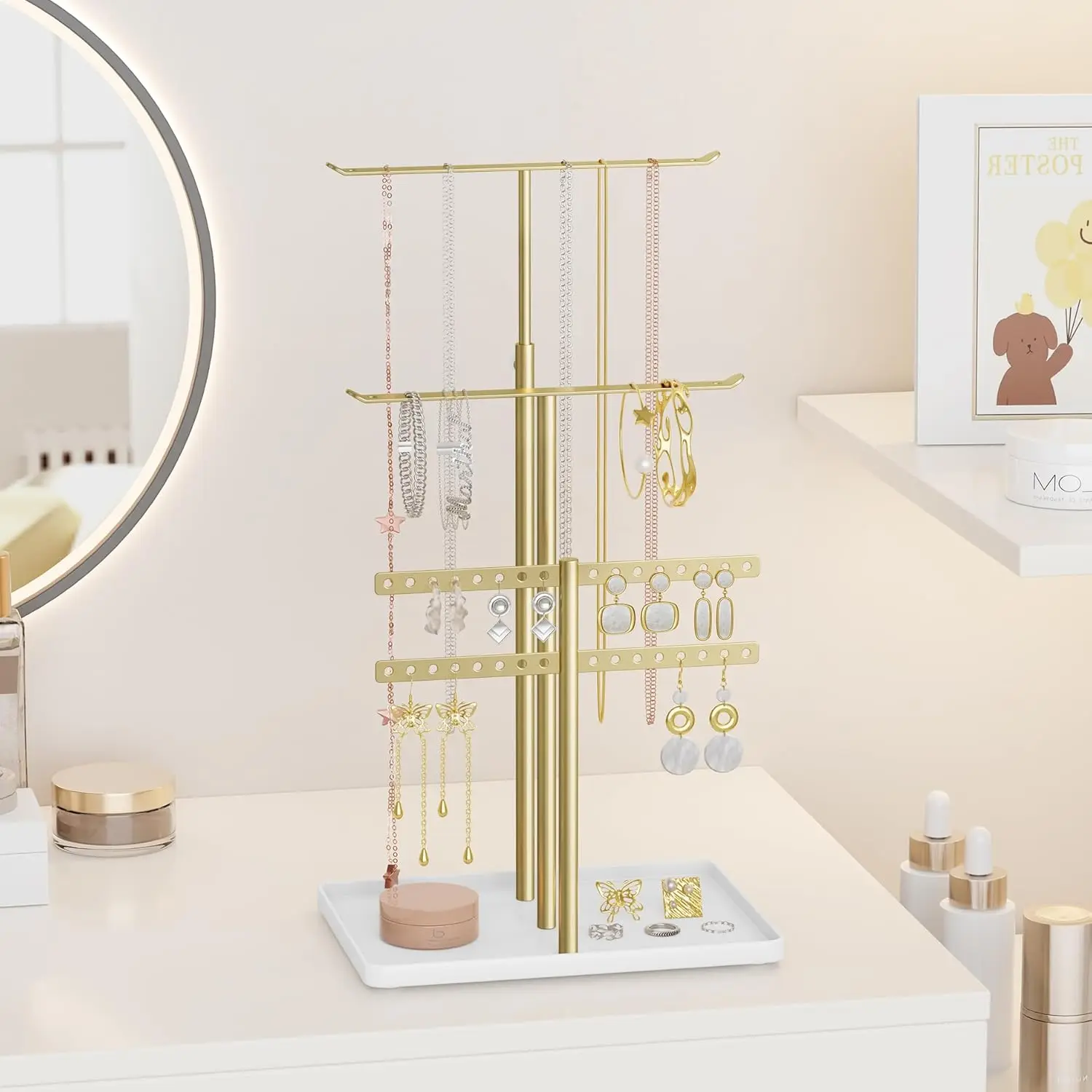 4-Tier Earrings Organizer w/Bracelet Storage Display & Velvet Ring Tray Cute Metal Aesthetic Jewelry Tower Rack for Women Girls