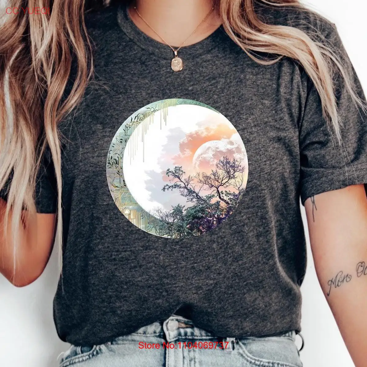 

Colorful Moon T Shirt Unique Nature Design Mystic Lover Boho Aesthetic Clothing long or short sleeves