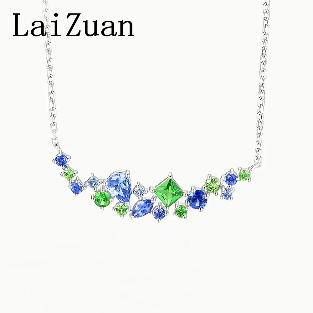 LaiZuan Solid 18k White Gold Round Cut 1.1ct Natural Sapphire Tsavorite Smile Necklace For Women Real Gemstone Chain Pendant