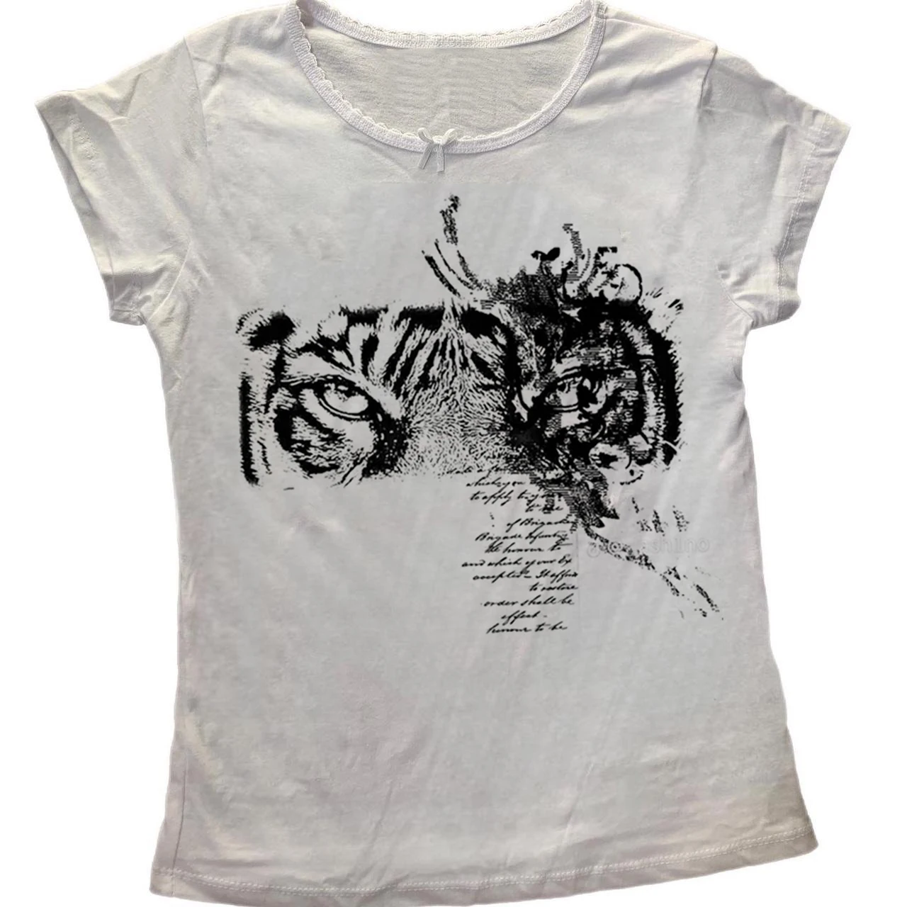 Vintage Grunge Women Long Sleeve T‑Shirt Tiger Eyes Letter Print Y2K Slim Fit White Casual Cropped Tee Top