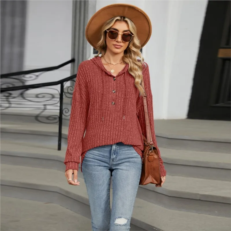 

Hooded Button Up Pullover For Autumn Winter Women's New Casual Sportswear Solid Color Comfortable Loose Long Sleeved Top