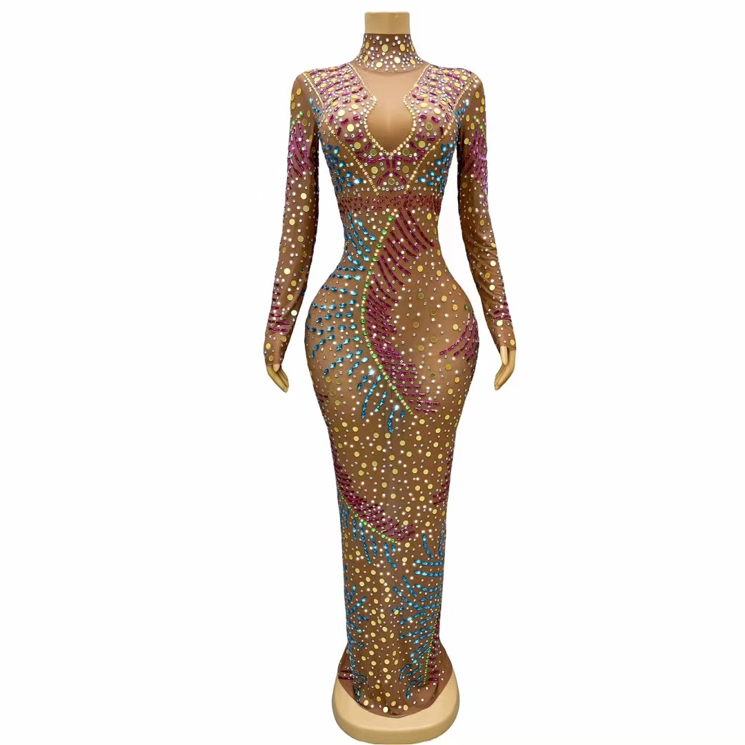 Flashing Diamonds Sexy See-Through Floor-Length Sheath Dress Evening Party Performance Costume Nightclub Stage Wear Juansi