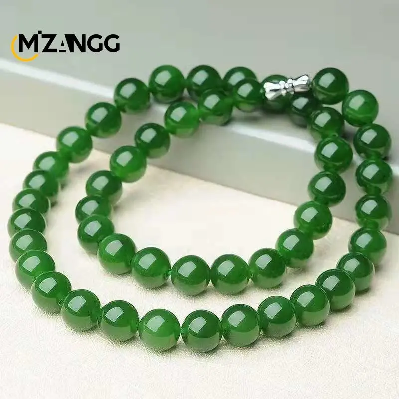 Doğal çin yeşil yeşim kolye Hetian yeşim Jasper ıspanak yeşil yuvarlak boncuk kazak zinciri lüks Charm takı Lady hediye