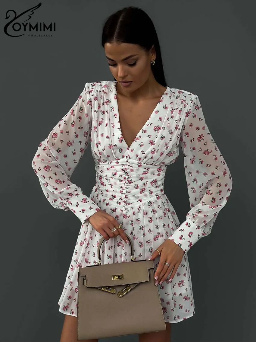 Oymimi-Mini robe plissée imprimée blanche pour femme, col en V profond, manches longues, streetwear décontracté, taille haute, mode élégante