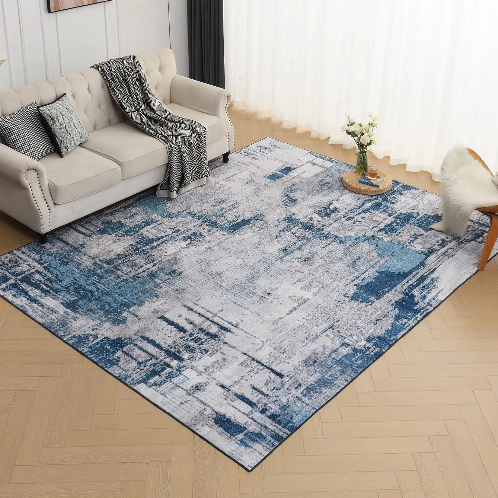 Orhopui Machine Washable Carpet, Living Room Abstract Washable Carpet Bedroom Non-Slip Carpet Modern Woven Carpet Boho Carpet Soft Carpet Kitchen Restaurant Carpet Home Decoration Office Carpet Blue