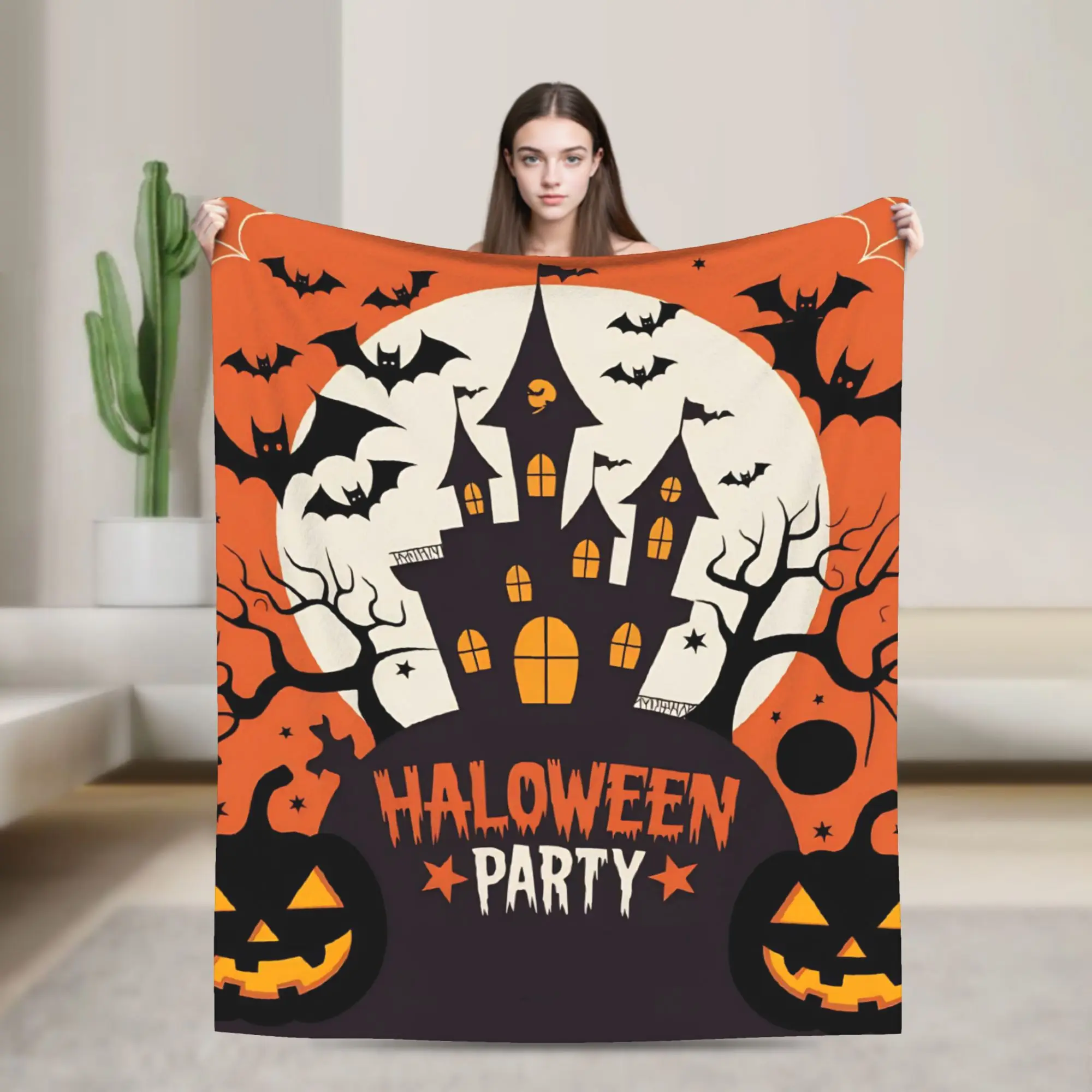 Halloween Horror Night Party Knitted Blankets Coral Fleece Plush Pumpkin Bat Throw Blankets for Airplane Travel Bedroom Quilt
