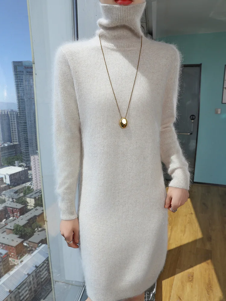 TLOML جديد إمرأة 100% المنك الكشمير فستان الياقة المدورة البلوز نمط غير رسمي الخريف الشتاء سليم لينة الدافئة الكشمير محبوك فستان