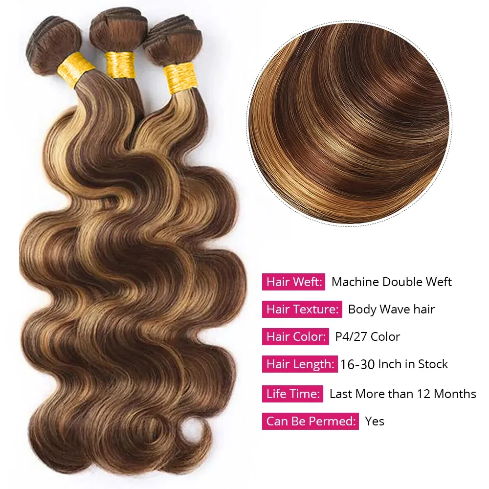 Highlight Human Hair Bundles With Closure #P4/27 Body Wave Bundles Human Hair With Closure 13x4 Lace Frontal Extensions 30 Inch