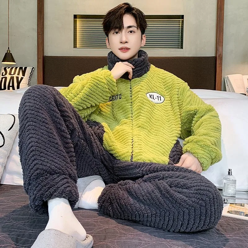 2023 New Men's Pajamas Coral Fleece Autumn Winter Loungewear Thickened and Fleece Homewear Zippered Stand Collar Loungewear