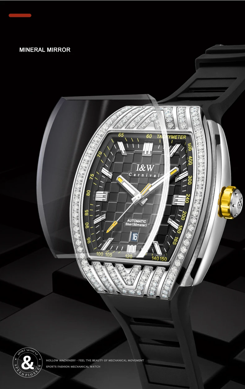 Orologio automatico da uomo I & W orologio da polso meccanico Tonneau di lusso 50m lunetta in zircone luminoso impermeabile