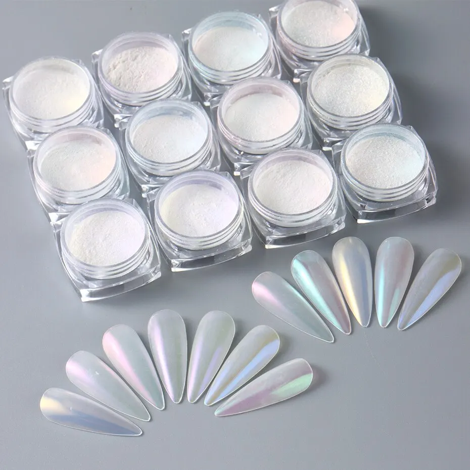 12pcs Aurora Neon Shimmer Glitter Ice Muscle Nail Pigment Powder Fine Chrome Rubbing Dust Mirror Polish Decorations