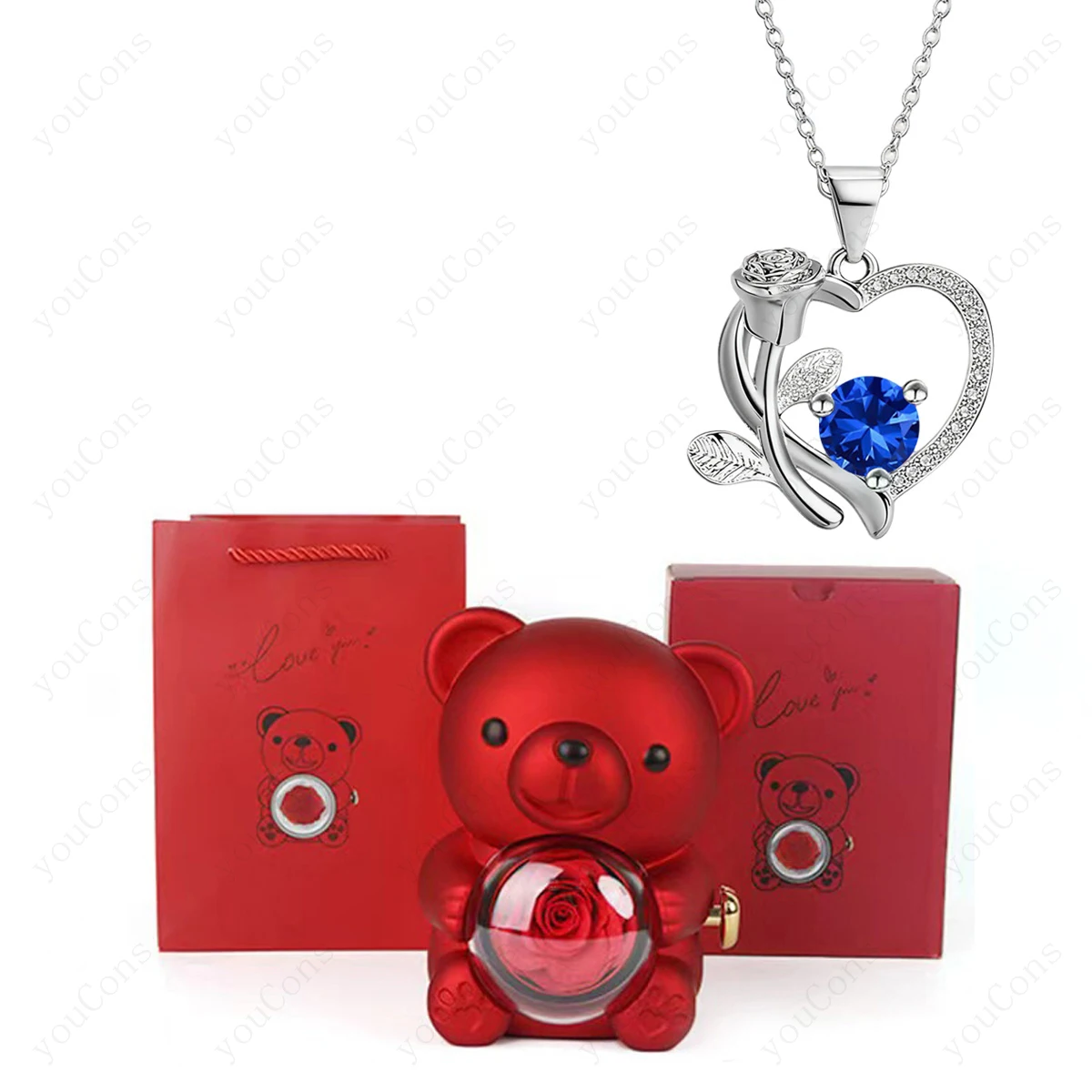 

Синее колье с подвеской в виде сердца из циркония с милым медвежонком, подарочная коробка с розой, для женщин, на Рождество, День святого Валентина, свадьбу, день рождения, ювелирные украшения 2026