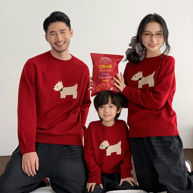 

2025 New Years Christmas Family Matching Sweaters for Parents & Kids Red Puppy Print Cute Knitwear Set Warm Winter Outfit