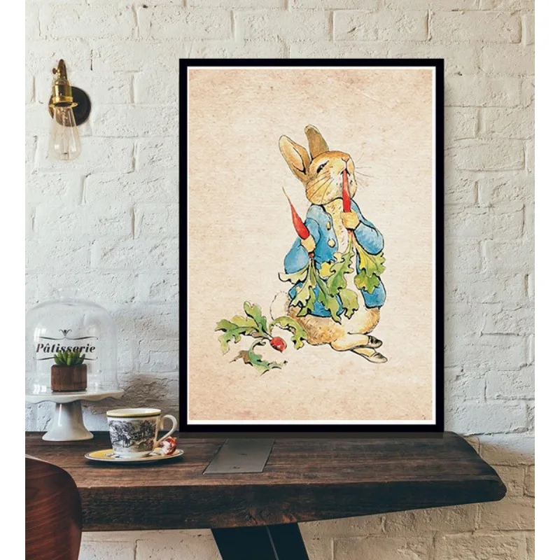 Beatrix Potter Character Illustration Poster Cartoon Cute Animal Rabbits Canvas Painting for Nursery Room Home Decor Gift