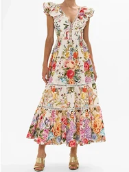 Retro summer women's new printed ruffled V-neck backless strap rhinestone long skirt high waist and elegant holiday dress