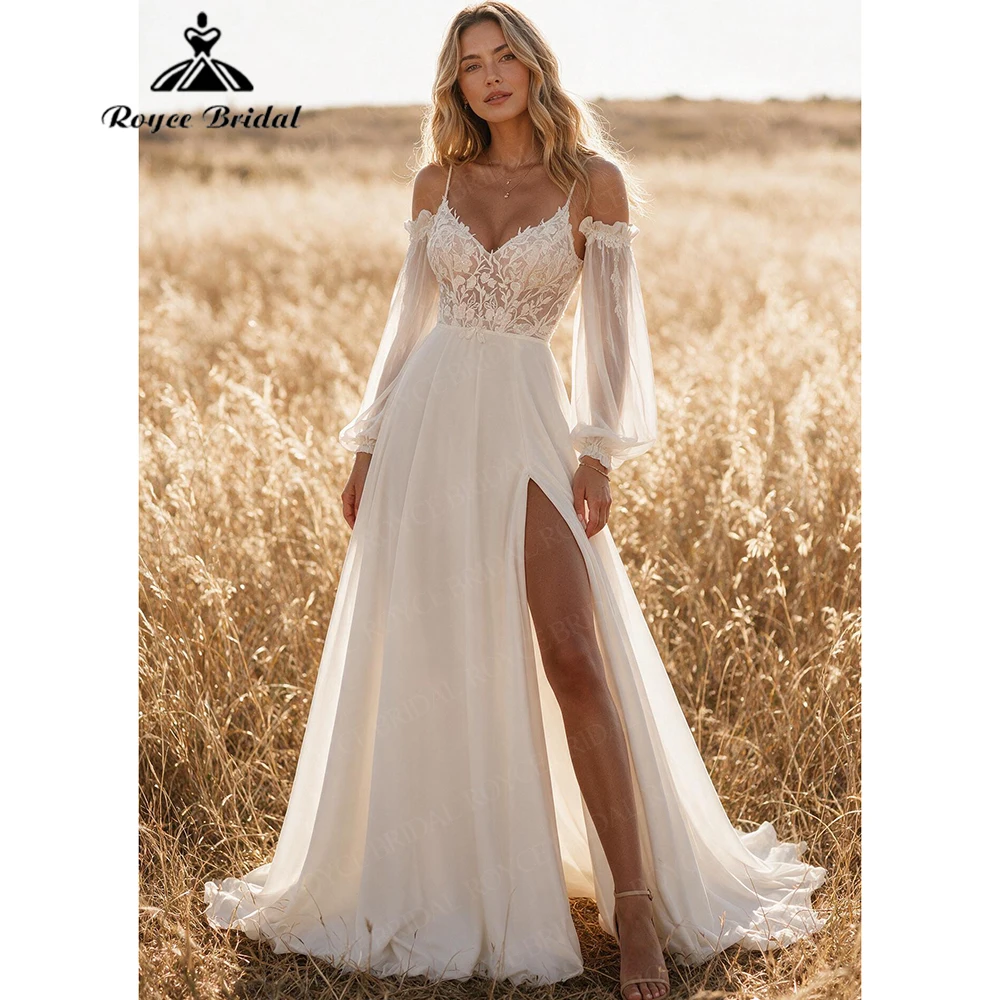 Roycebridal Boho V Neck Elegant A Line Wedding Dresses 2027 Appliques Slit Sexy Beach Bridal Gown Customized Vestido De Novia