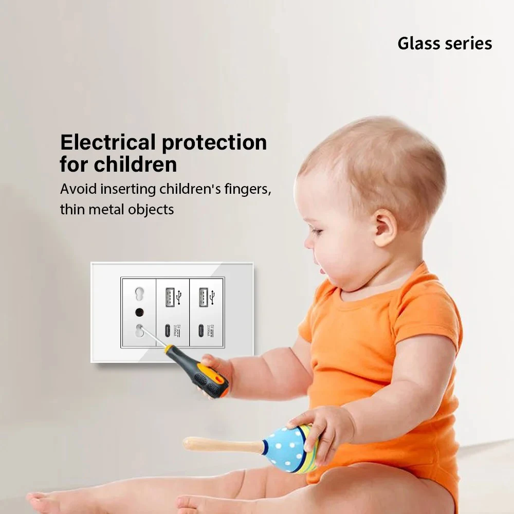 Melery Italy Switch Wall Sockets USB Type-C Chile Plug 16A Outlets Italian EU Power Socket Tempered Glass Panel Home Office
