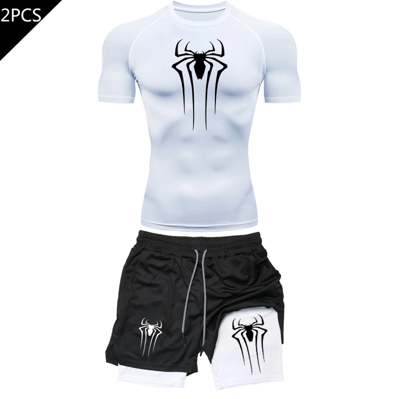 Men's Workout Compression Set Y2K Spider Printed Gym Tshirts Breathable Running Shorts Quick Dry Sports Rash Guard Sportwear Set image 6