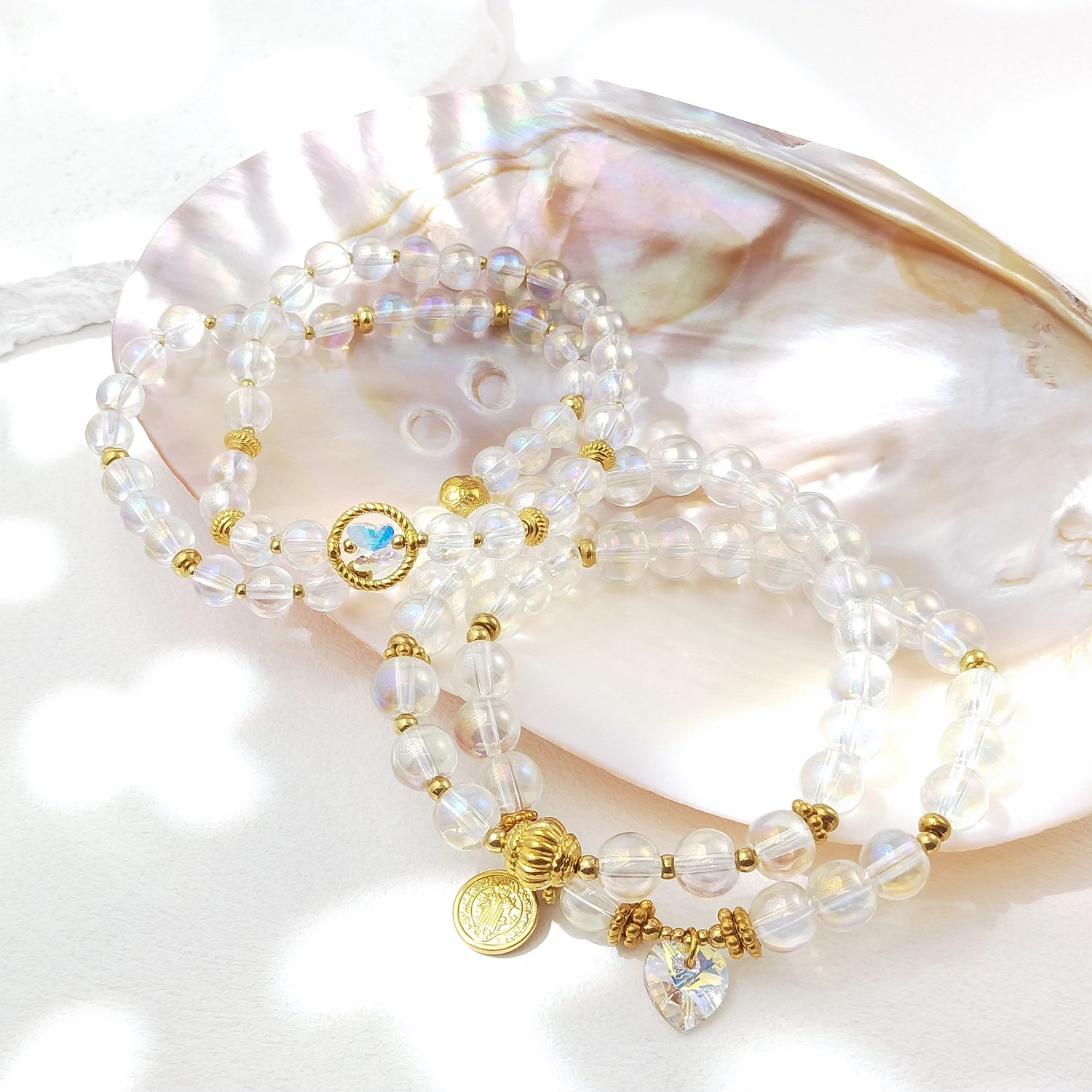 Lii Ji Aurora Crystal 6mm/8mm Stainless Steel Stretch Bracelet Handmade Bohe Fashion Jewelry