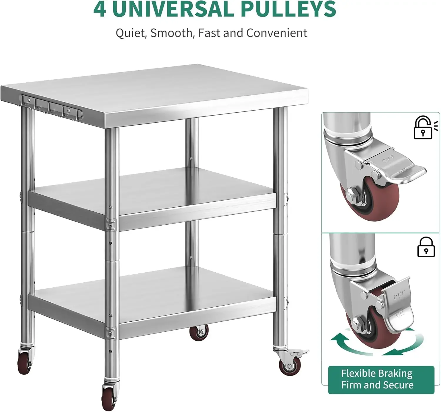 NSF Stainless Steel Table, 30" X 24" Work Table with Wheels, 3 Shelves Metal Table Prep Table for Home Kitchen Restaurant Garage