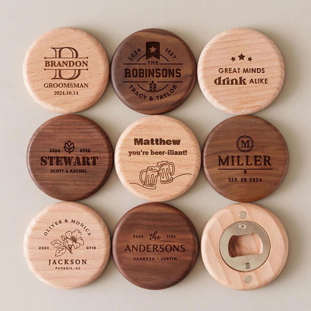 Personalised Logo Round Wooden Beer Bottle Opener with Magnetic Fridge Magnet, Wedding Gift