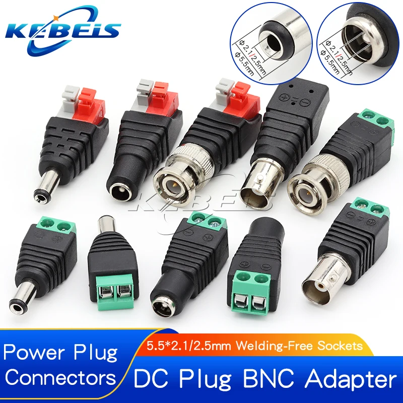 Konektor BNC DC 12V Pria Wanita, 2/5/10 buah konektor 5.5*2.1mm/2.5mm colokan adaptor DC daya bebas las untuk Kamera CCTV LED