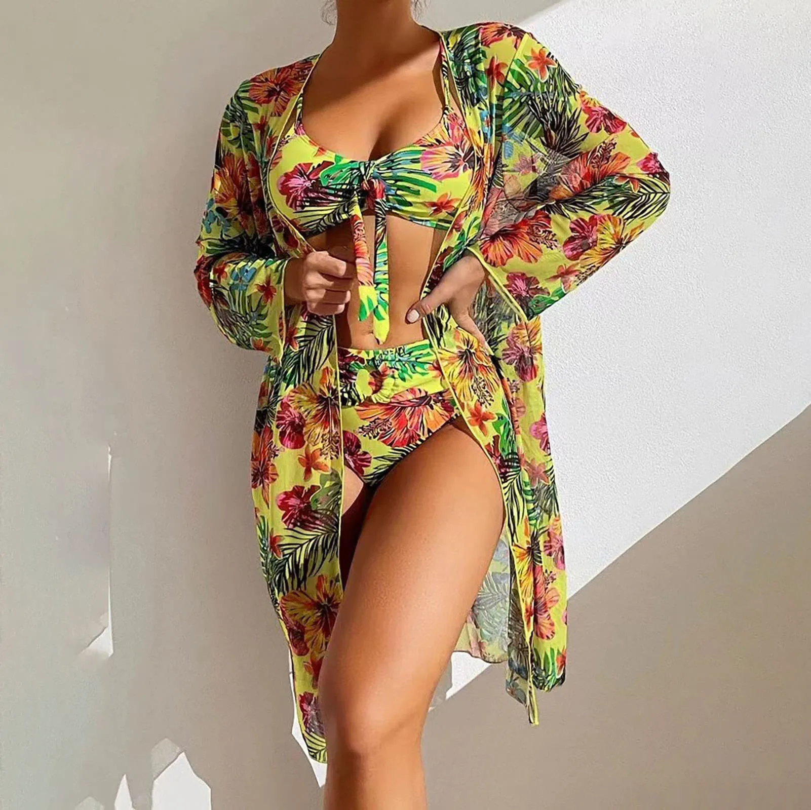 Bikini Bathing Suit with Cover Up Sexy Floral Printed Push Up Bikini Swimsuit for Beach Swimming Pool