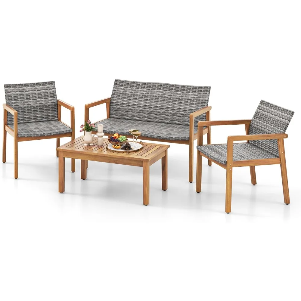 

Acacia Wood Patio Sofa Set with Rattan Seats and Backrest, Complete with Coffee Table for Outdoor Conversations
