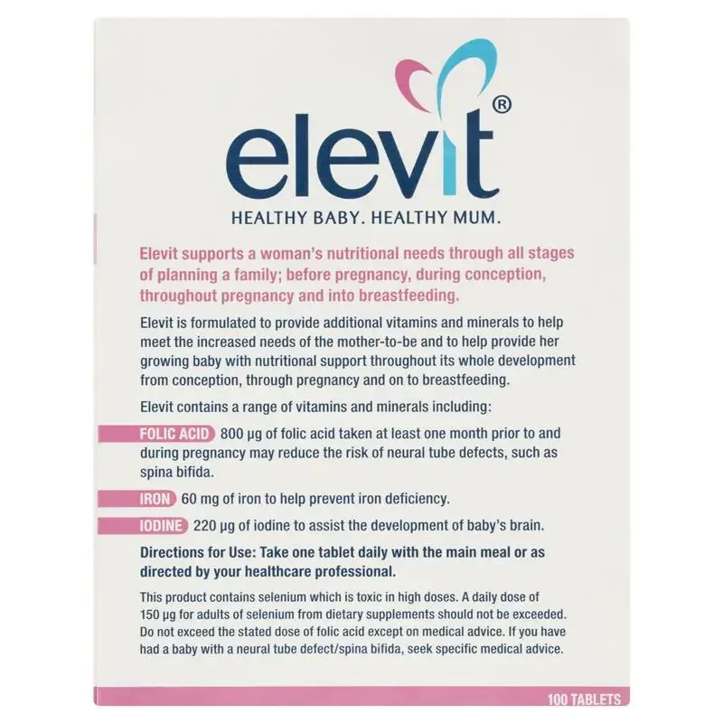 Australia Elevit Pre-conception Pregnancy Multivitamins Women 100Tablets Folic acid Iodine