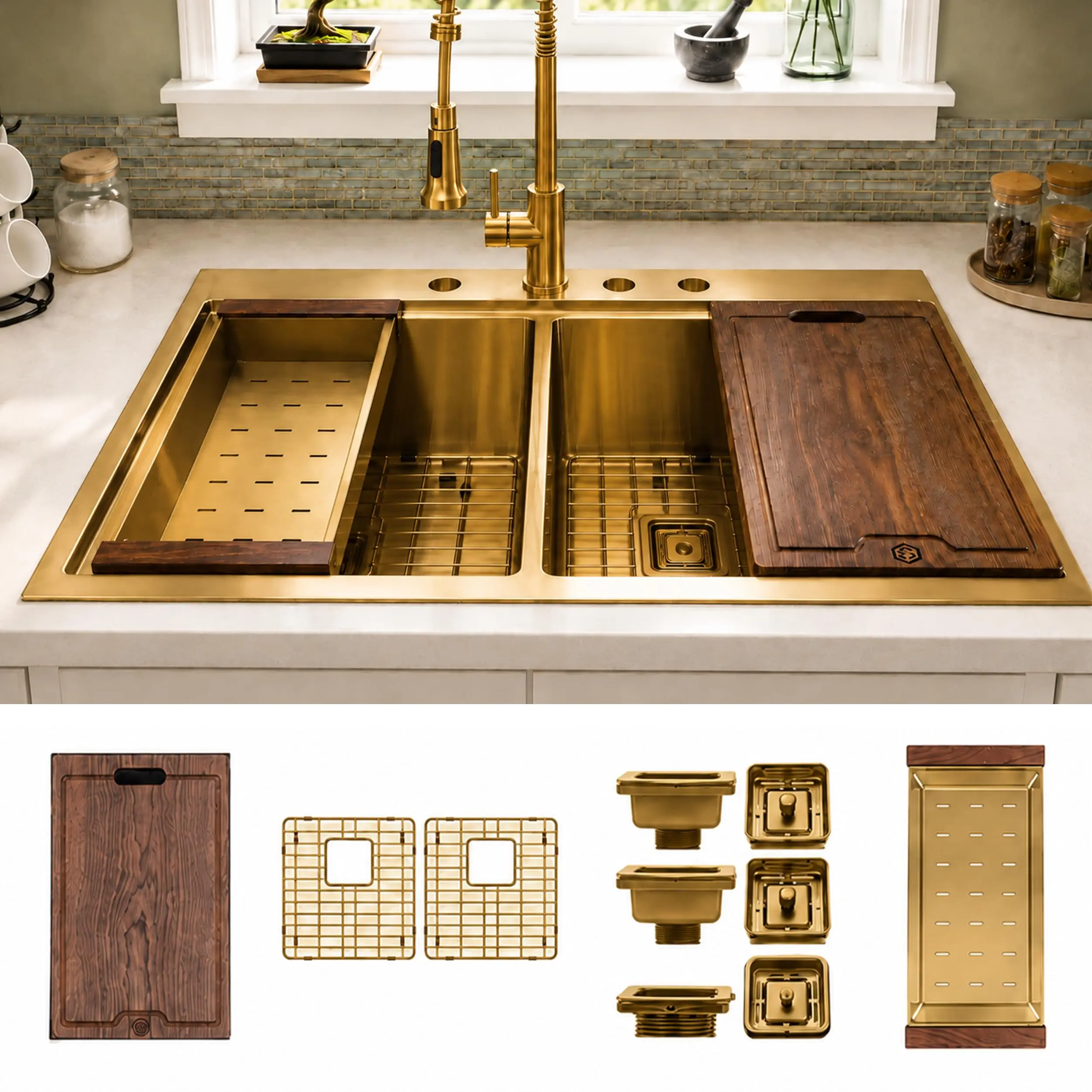 Strictly Sinks 33 inch Topmount Kittation Sink-Gold 50/50 Double Bowl 16 Gauge Stainl Steel Drop In Sink with Wooden