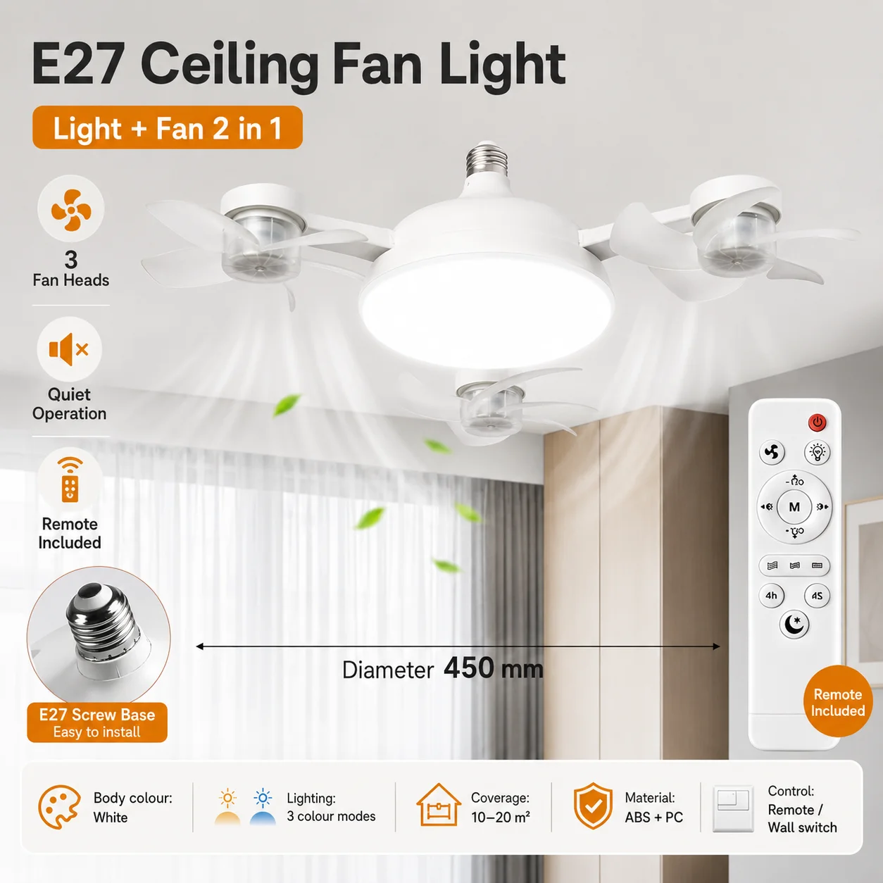 UFO Design E27 Socket Intelligent Ceiling Fan Light Remote Control Adjustment Wind Speed Timer 3 Color Modes Living Room Decor