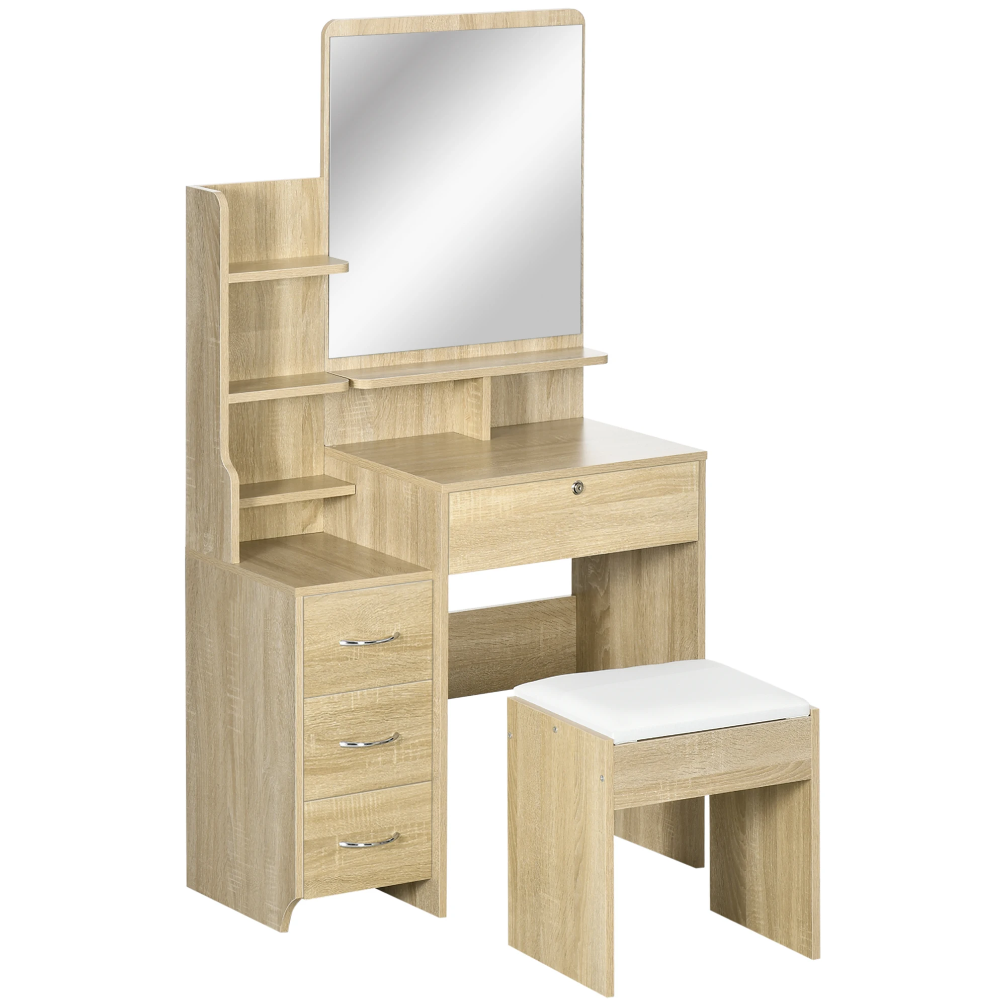 HOMCOM Tocador de Maquillaje con Taburete, Tocador con Espejo, 4 Cajones, Estantes, Compartimentos Abiertos, Estilo Moderno, para Dormitorio, Vestidor, 80x38x143 cm, Natural