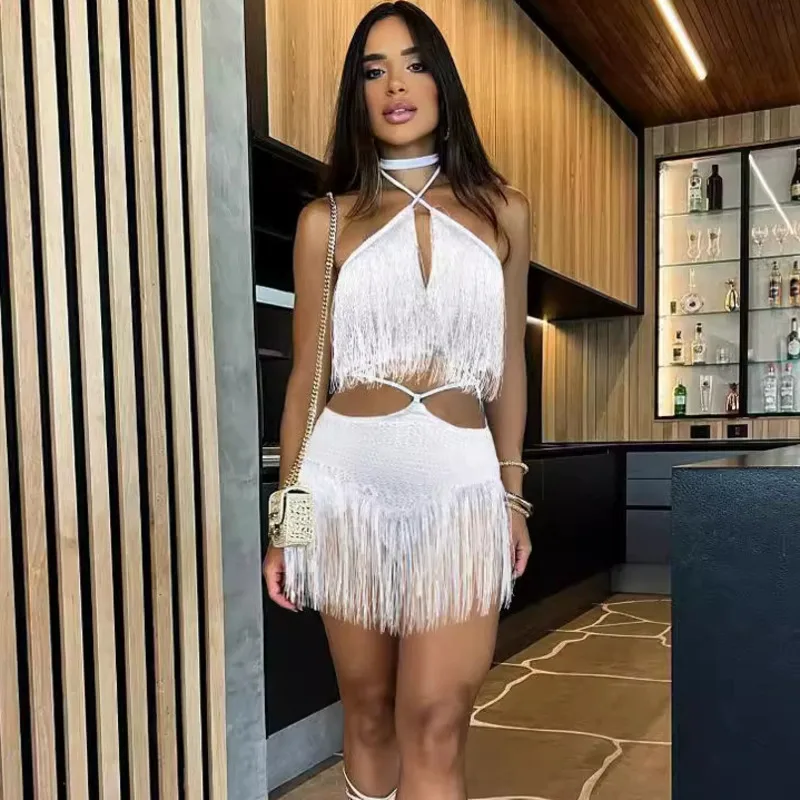 2025, recién llegado, Falda corta con borlas, Mini vestido de vacaciones para mujer, moda Sexy recortada, vestido de fiesta de noche para chica, ropa femenina