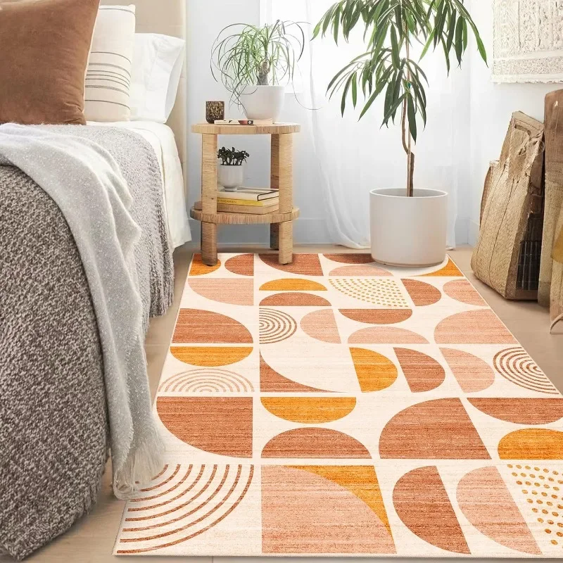 HD-Boho Orange Area Rug – Machine Washable Non-Slip Abstract Carpet for Bedroom Living Room Entryway, Soft Indoor Bedside Mat