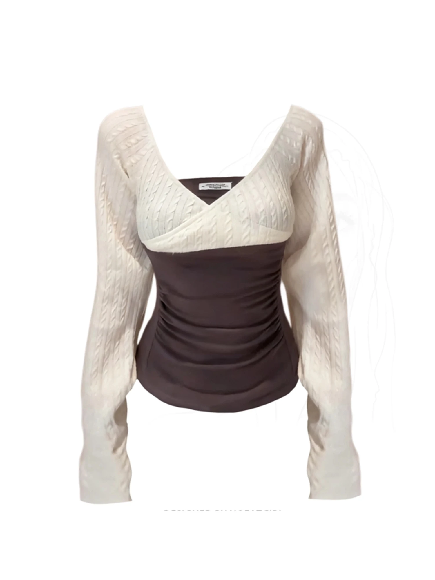 

Женская бежевая футболка с разрезом на шее Y2k Gyaru, футболка, винтажный эстетический лоскутный вязаный топ с длинными рукавами, одежда 2000-х годов, осень 2025