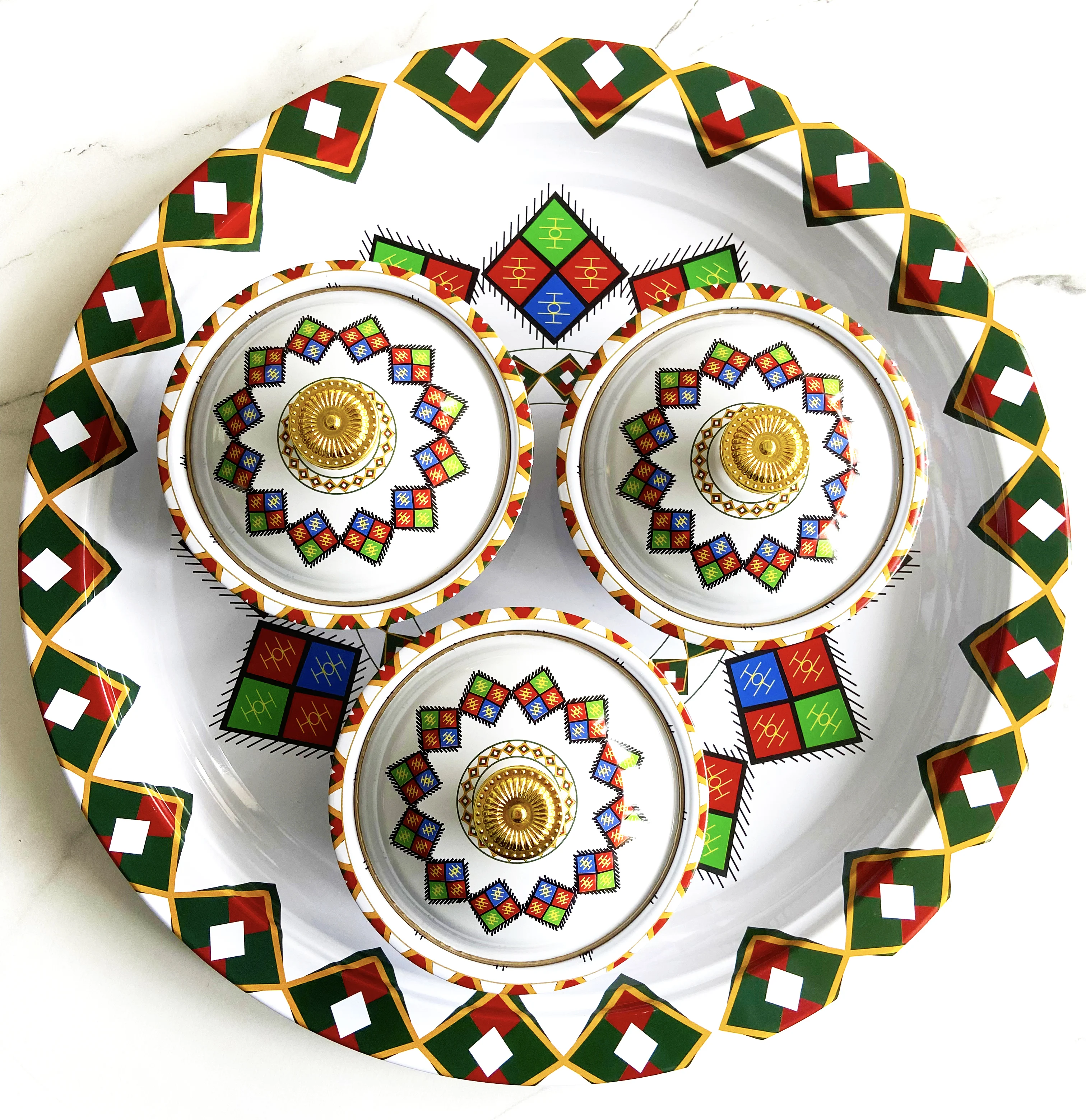 

1 Set of Tinplate Bowl and Tray for Festival Candy Fruit Food Bowl Decoration Retro style
