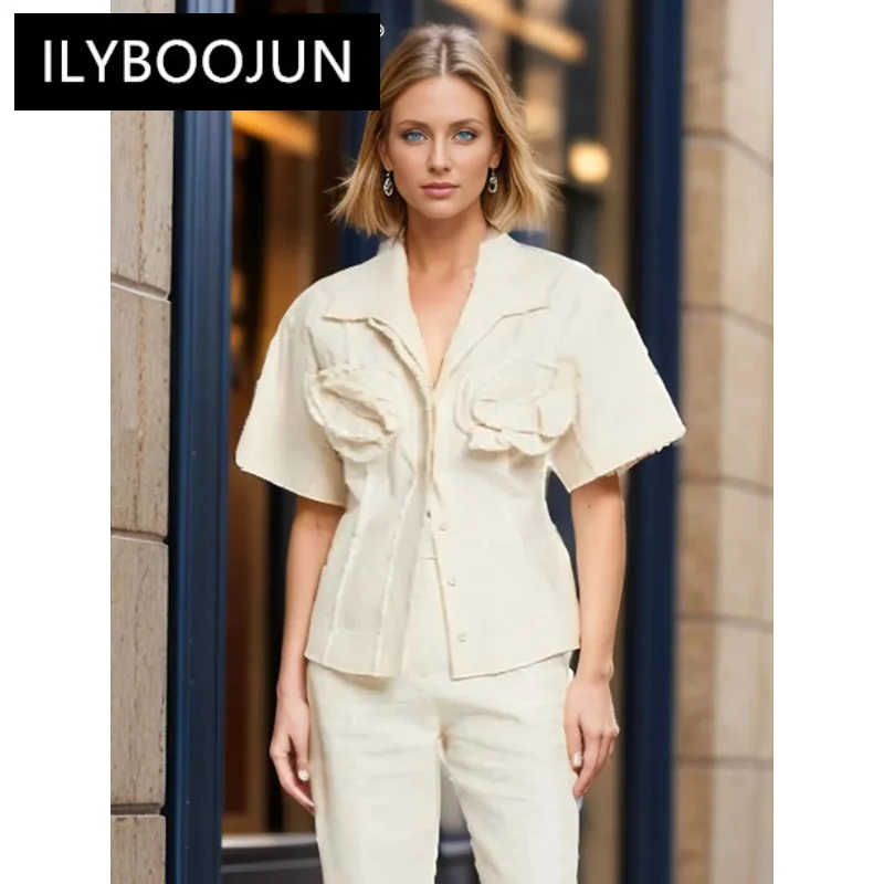 ILYBOOJUN Spliced Appliques Coats For Women Lapel Short Sleeve Single Breasted Minimalist Temperament Slim Jackets Female New