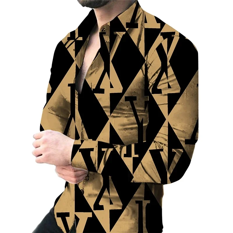 Color Block Pattern Hawaiian Shirts For Men Colorful Geometry 3D Printed Aloha Shirts Casual Loose Long Sleeve Lapel Tops Blouse