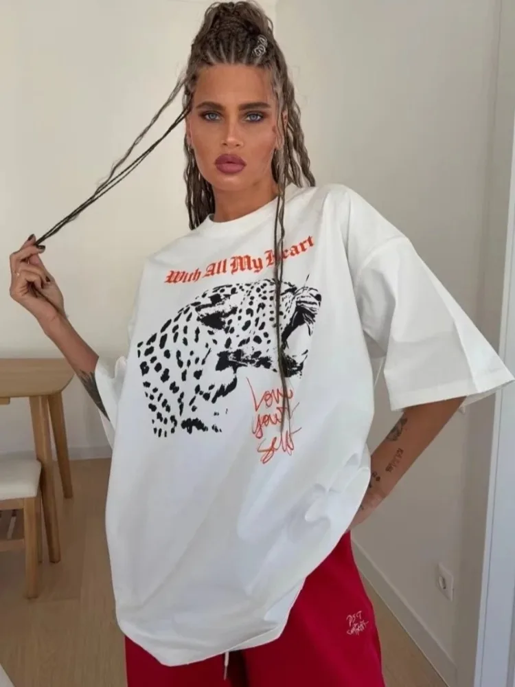 

Oversized Fashion Printed Cotton T Shirt for Women Casual Loose Short Sleeve Tee Blouse 2025 New Female O Neck Shirts Tops