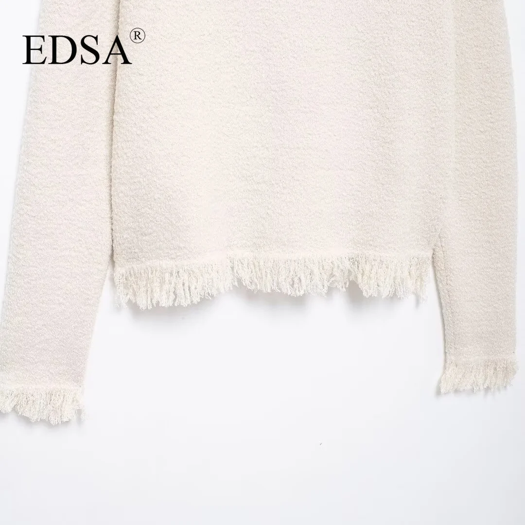 EDSA Women Knit Cardigan with Bows Frayed Trims Autumn Female Long Sleeves Round Neck Patch Pockets Sweater Coat