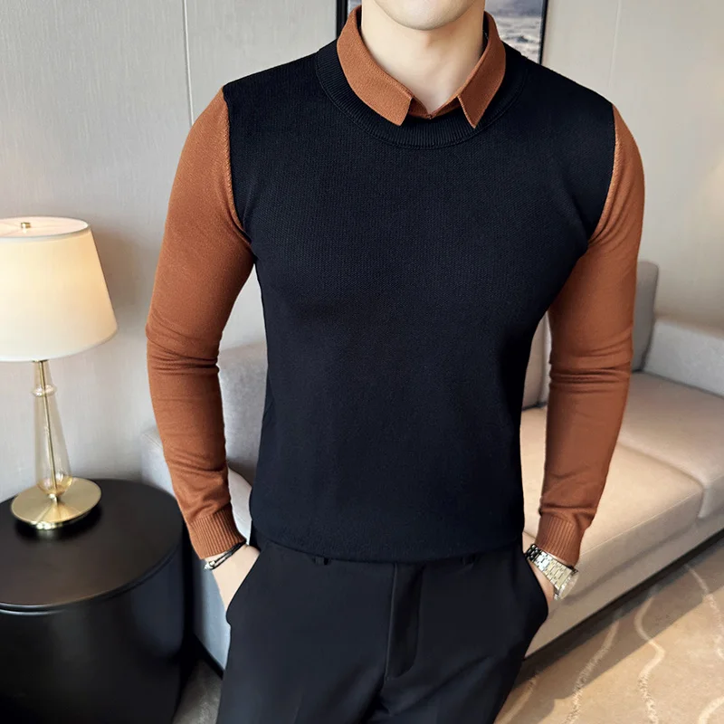 

Autumn and Winter New Men's Sweater Fake Two-piece Knitted Contrasting Splicing Lapel Sweater Slim Fit Lapel Pullover Sweater