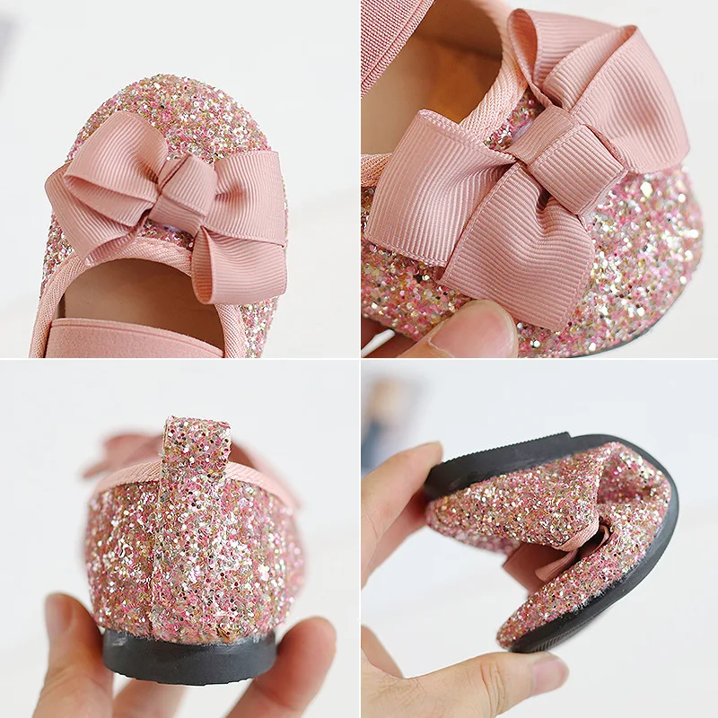 Bling Princess Shoes Fashion Spring Girls Shoes Flat Glitter Bowtie Children Flats Kids Shallow Shoes Baby Single Shoes Toddlers