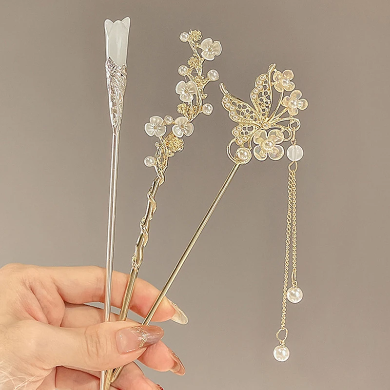 2023 New Vintage Chinese Women\'s Hair Stick Metal Glaze Flowers Hair Chopsticks Ladies Pearl Jewelry Hair Sticks Accessories